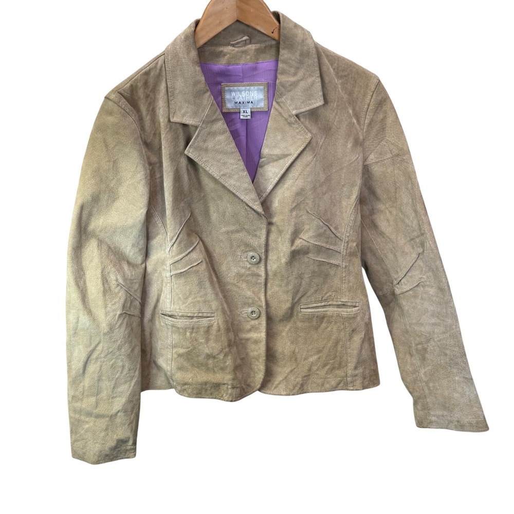 Wilsons Leather Maxima Womens XL Tan‎ Suede Blazer Jacket Purple Lining Vintage